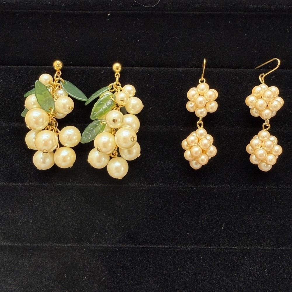 Faux Pearl Cluster Dangle Earring Lot of 2 Cream Pierced Grape Leaf Chic
